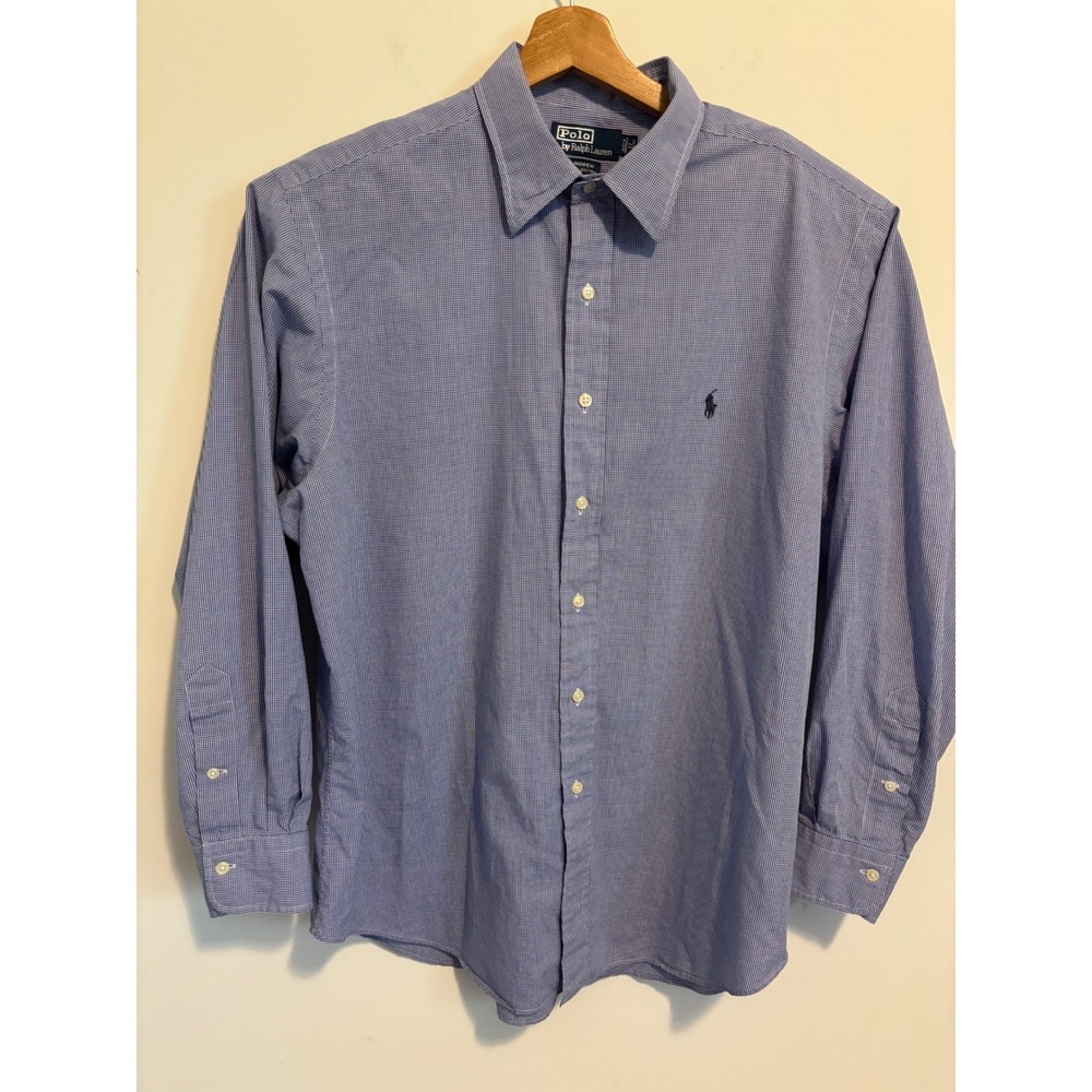 Polo Ralph Lauren Andrew Shirt Mens 17 34/35 Blue Gingham Cotton Button Down